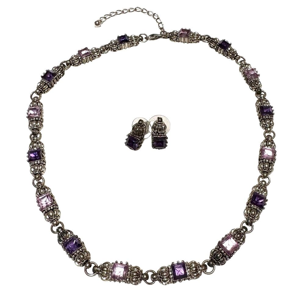 Elegant Necklace Earrings Silver Tone Purple Lavender Rhinestone Cocktail Formal